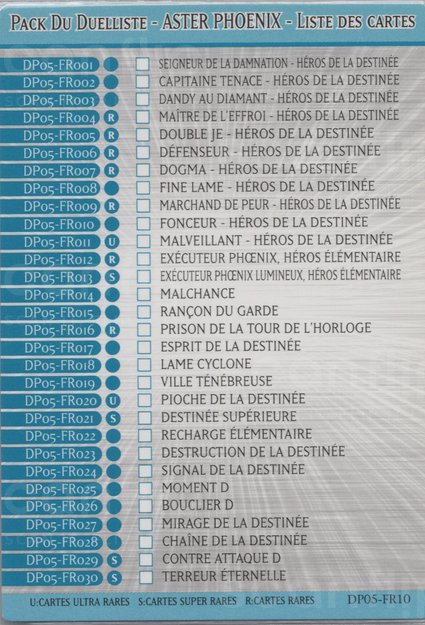 Pack du Duelliste - ASTER PHOENIX - Liste des Cartes
